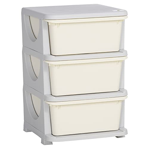 Qaba 3 Tier Kids Storage Unit, 3 Drawer Chest Toy Organizer Plastic Bins for Kids Bedroom Nursery Kindergarten Living Room for Boys Girls Toddlers, Cream White