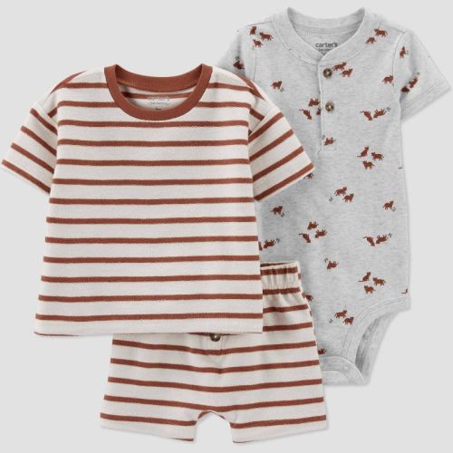 Carter's Just One You®️ Baby Boys' 3pc Clay Striped Safari Top And Bottom Set - Dark Red