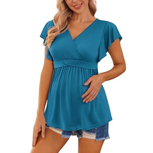 Ekouaer Maternity Shirts Flying Short Sleeve Nursing Tops V Neck Breastfeeding Tees Casual Pregnancy Clothes