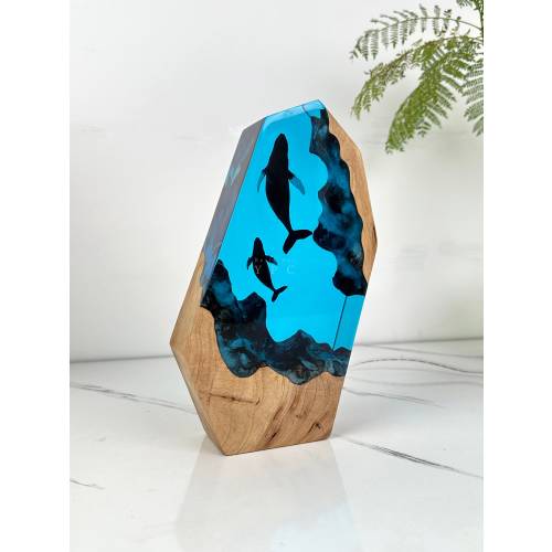 Oceanic Dreams Mother Child Humpback whales Night Light, Resin Wood Lamp, Gift for Father Mother, Back to School Gifts for staff
