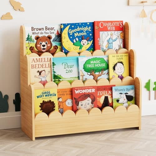 3-Tier Scalloped Bookshelf, Montessori Bookcase for Toddlers, Wooden Book Shelf Organizer Display Furniture for Kids Rooms, Playroom, Nursery and Classroom, Natural