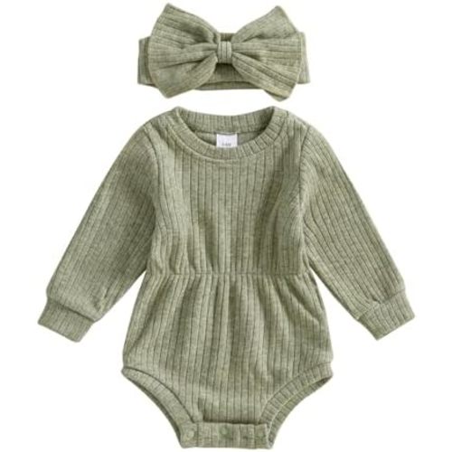 Karwuiio Newborn Baby Girl Fall Outfits Long Sleeve Ribbed Knit Jumpsuit Romper with Headband Infant Clothes Sets