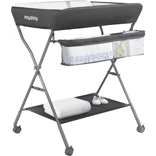 Baby Changing Table with Wheels, Maydolly Portable Adjustable Height Folding Diaper Station with Nursery Organizer & Storage Rack for Newborn Baby and Infant (Dark Grey)