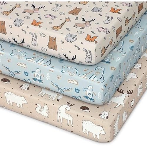 Pack and Play Sheets Fitted 3 Pack, Mini Crib Sheets for Pack N Play Mattress Stretchy Portable Playard Sheets, Soft Breathable Blue & Apricot Bear