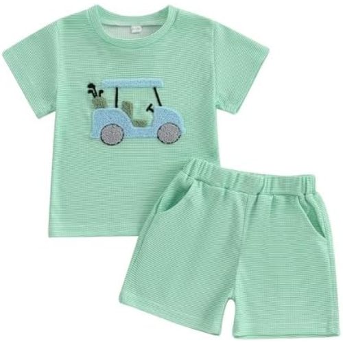 Toddler Baby Boy Golf Outfit Short Sleeve Golf Cart Polo T Shirts Top and Shorts Set 2Pcs Golf Theme Summer Clothes