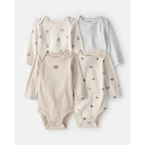 Baby 4-Pack Snack Time Long-Sleeve Multipack Bodysuits - Blue/White/Brown | Carter's