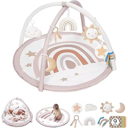 Baby Play Gym Mat, Tummy Time Activity Mat with 7 Detachable Toys and 12 Milestone Cards for Stage-Based Sensory and Motor Skill Development, Washable Play Mats for Infant, Newborn Baby Essentials