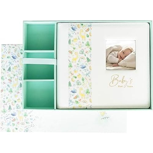 Keepsake Baby Memory Book with Keepsake Box Girl Boy - Timeless Leather-Bound Baby Milestone Book | Baby Book Keepsake and Baby Photo Memory Box to Record Baby Shower to Age 5 - Beautiful Gift