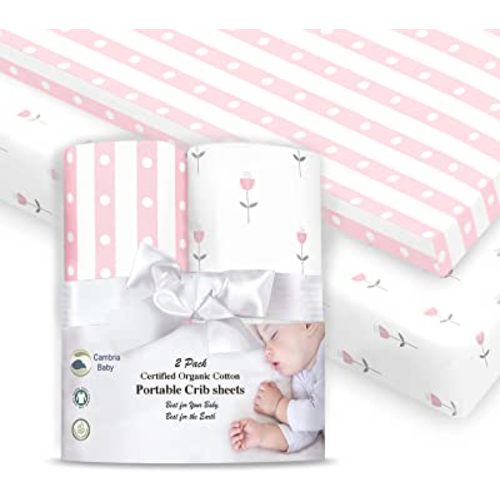 100% Organic Cotton Fitted Mattress Sheets for Graco Pack n Play, Babyletto, Pamo Babe, Dream on Me, Evenflo, Baby Trend, Hygge Hush Portable/Mini Crib/Playards, 2 Pk