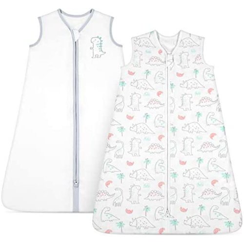TILLYOU Small S Breathable Cotton Baby Wearable Blanket with 2-Way Zipper, Super Soft Lightweight 2-Pack Sleeveless Sleep Bag Sack Clothes, Fits Infant Newborn Ages 0-6 Months, Woodland Dinosaurs