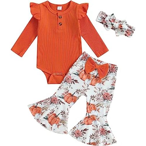 Kuriozud Newborn Baby Girl Bell Bottom Outfit Ruffle Romper Cute Bow Flare Pants Set Headband Cute Clothes