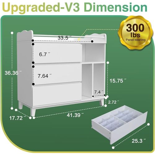 Baby Dresser for Bedroom, Nursery Dresser with Changing Table Top, White Bedroom Dresser with 4 Drawers& Storage Shelves, Tall Dressers & Chests of Drawers for Kids Girls Bedroom Upgraded V2