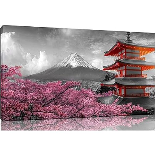 Japanese Wall-Art for Bedroom - Pink Wall Decor - Cherry Blossom Wall Art Living Room Large Mount Fuji Pictures Poster Ready to Hang Size 40" x 20"