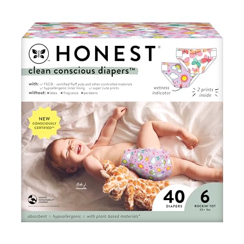 The Honest Company Clean Conscious Diapers for Sensitive Skin | Hypoallergenic, Fragrance Free | Girl Prints | Club Box, Size 6 (35+ lbs), 40 Count