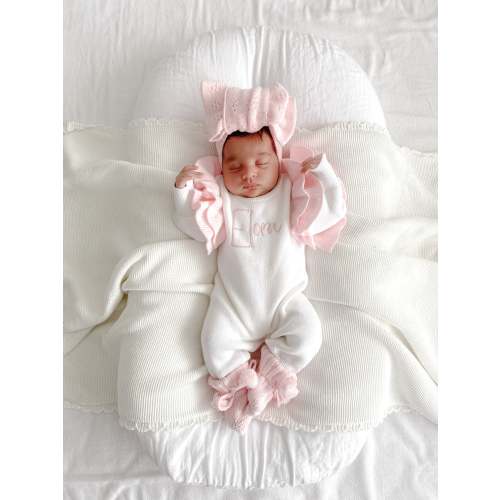 PRE ORDER white and pink frill baby romper