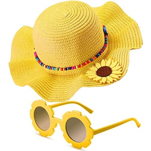 Summer Straw Hat for Girls Large Brim Sunflower Beach Hat Cute Flower Sun Hat with Flower Round Sunglasses
