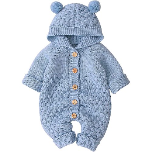 Awoscut Newborn Baby Winter Outfit Knitted Sweater Romper Infant Boy Girl Hooded Jumpsuit Warm Clothes Set