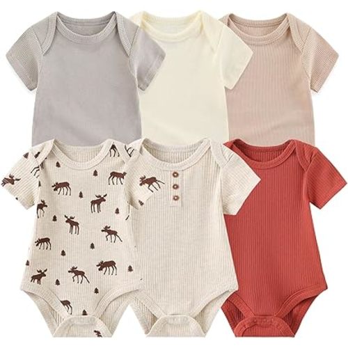 Baby Bodysuit 6 Pack Soft Mixed Ribbed Short Sleeve Romper Infant Boy Girl Clothes Set