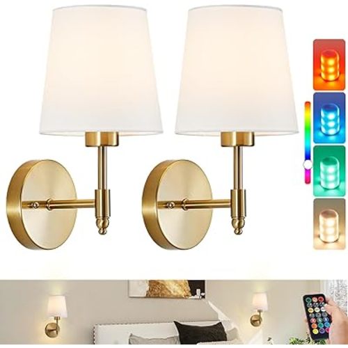 Rechargeable Wall Sconces Set of 2, Brushed Gold Cordless Battery Operated Sconce with Dimmable LED Bulb and Remote, 13 Colors Wall Lights for Bedroom Living Room Hallway