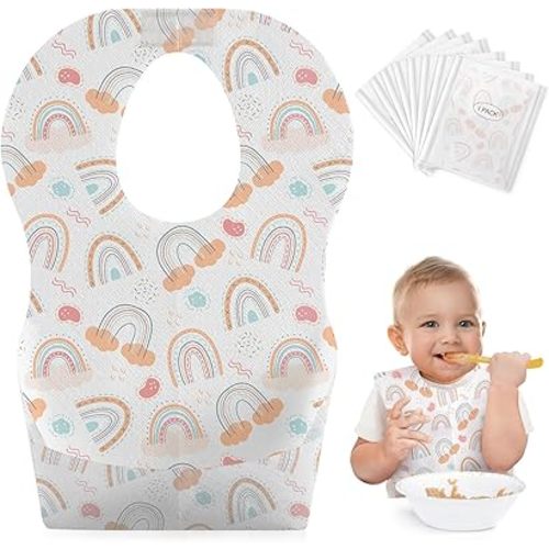 Babebay Disposable Bibs, 30 pcs Individually Packaged with Catcher and Leakproof Liner for Toddler Feeding, Baby Travel Essential, Boho Rainbow