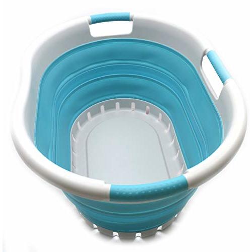 SAMMART 36L (9.5 gallon) Collapsible 3 Handled Plastic Laundry Basket-Foldable Pop Up Storage Container/Organizer-Space Saving Basket (3 handled Oval, Grey/Bright Blue)