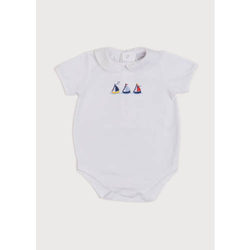 Embroidered Boat Motif Peter Pan Collar Bodysuit in White (1-3 mo)