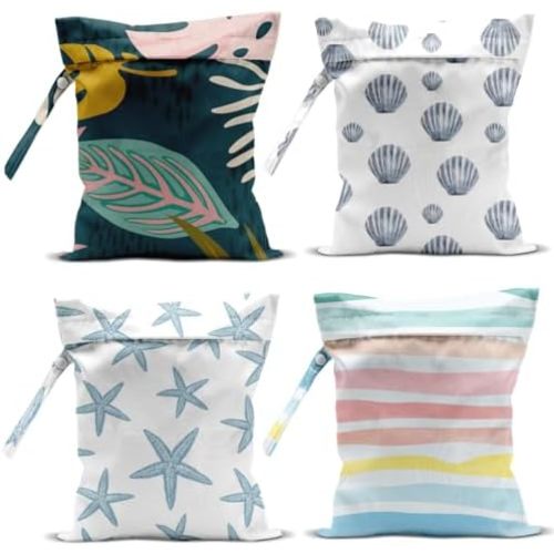 4Pcs Waterproof Wet Bag for Swimsuit, Travel Beach Wet Dry Bag, Hidden Zipper Reusable Shell Starfish Beach Palm leaf Decor, for Travel Beach Wet Swimsuits Toiletries Diapers Laundry Bag