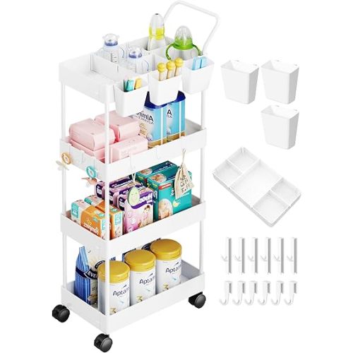 4 Tier Slim Storage Cart, White Narrow Rolling Cart with Wheels, Baby Cart with Dividers Handle and Hanging Cups Hooks, Premium Nursery Organizer Cart, Baby Diaper Organizer Cart for Small Space