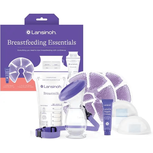 Lansinoh Breastfeeding Essentials Kit for Nursing Moms: Nipple Cream, Nursing Pads, Breast Milk Storage Bags, Hot & Cold Breast Therapy Packs, Silicone Breast Pump, 77 Pieces