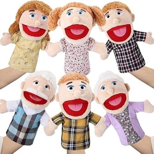 Lenwen 6 Pcs Family Hand Puppet Set 11.8 Inch Family Members Puppets with Movable Mouth Soft Plush Hand Puppet for Boys and Girls Teens Storytelling Play School Teaching Preschool (Light Skinned)