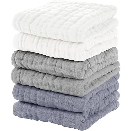 Muslin Baby Washcloths 6 Pack, 100% Cotton Wash Cloths for Babies, Large 12''X12'' Burp Cloths Absorbent and Soft for Newborn Infants Kids Boys Girls - White Gray