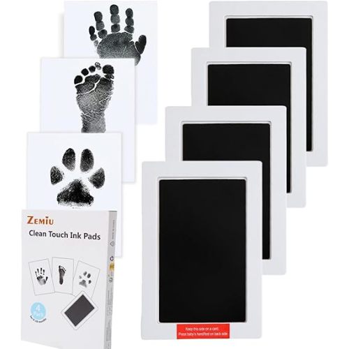 Zemiu Baby Handprint and Footprint Large Size Kit,4 Baby Handprint Ink Pads with Clean-Touch & 12 Imprint Cards,Inkless Print Kit Safe Non-Toxic for Baby Feet and Hands, Family Keepsake, Pet Paw-Black