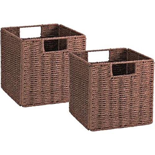 Vagusicc Wicker Storage Baskets, Set of 2 Hand-Woven Storage Baskets for Shelves with Handles, Foldable Cube Storage Baskets Bins Organizer 13 inch Large Wicker Baskets for Pantry Bedroom Decor, Brown
