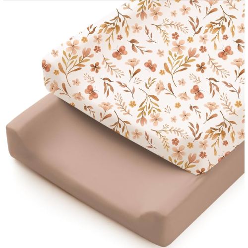 Konssy 2 Pack Stretchy Changing Pad Covers for Girl, Boy, Silky Soft Changing Table Cover, Breathable Baby Nursery Diaper Chang Pad Sheets (Autumn Bloom,Clay)