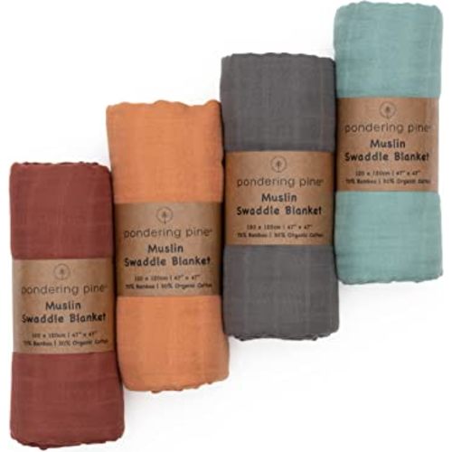 Pondering Pine Organic Muslin Swaddle Blanket - Baby Receiving Blankets Neutral - Boho Earth Tone Collection, 4 Pack, 47" x 47