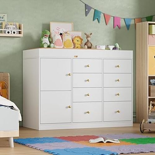PAKASEPT Changing Table Dresser, Baby Classic Nursery Dresser with 8 Drawers and 2 Cabinet, Multi-Functional Baby Changing Table, Diaper Changing Station for Children's Room