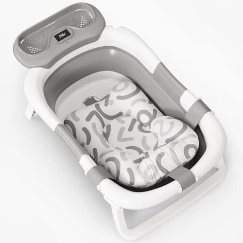 Obee Odee Baby Bathtub, Collapsible Bath Tub for Newborns to Toddlers with Water Temperature Sensor and Storage Tray, 2025 Upgraded Version (Gray)