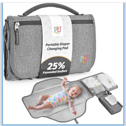 PZU Portable Diaper Changing Pad - Changing Pad Portable with Wipes Pocket, Waterproof Diaper Changing Mat, Portable Changing Pad for Baby, Newborn Gift（Grey）