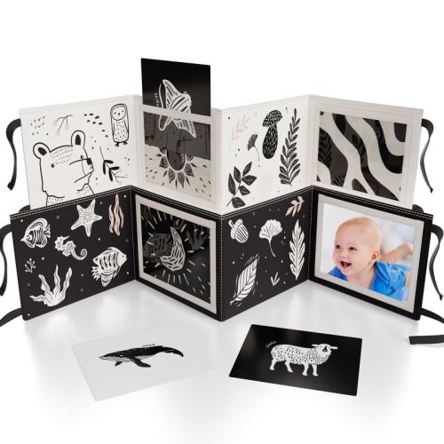 Soft Tummy Time Book with Baby-Safe Mirror - Black & White Montessori Toy with Crinkle & 20 High-Contrast Designs Infant Development