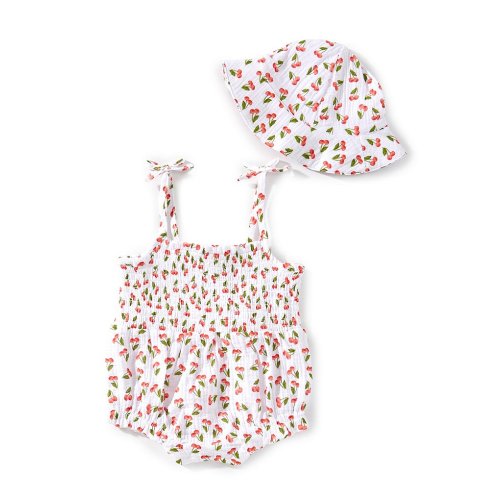 6-9 mosJessica Simpson Baby Girls Cherry Printed Gauze Smocked Tie Shoulder Bubble Ruffle & Sun Hat Set