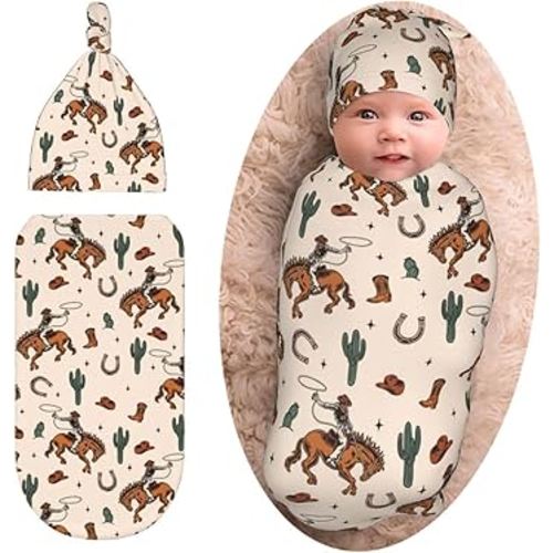 Western Baby Stuff Swaddle Blanket with Beanie Set, Soft Cactus Baby Swaddle Sack Newborn Sleeping Sacks for Girls Boys