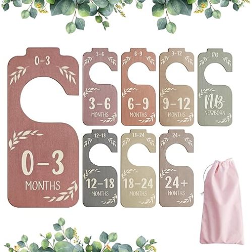 8Pcs Baby Clothes Dividers for Closet, Wooden Colorful Nursery Closet Dividers with Bag, Double-Sided Baby Clothes Dividers for Newborn 24 Months Nursery for New Mom Dad Parents