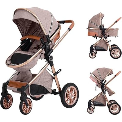 DuraFlex 2-in-1 Baby Stroller, Foldable Travel Stroller for Newborn to Toddler, Convertible Stroller with All-Terrain Wheels and UPF 50+ Canopy, Khaki