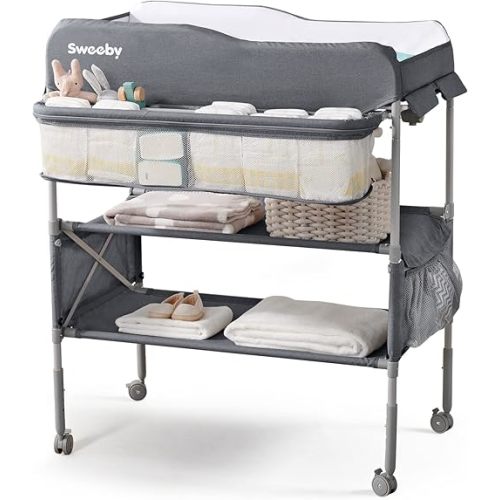 Sweeby Portable Baby Changing Table, Foldable Changing Table Dresser Changing Station for Infant, Waterproof Diaper Changing Table Pad Topper, Mobile Nursery Organizer for Newborn Essentials,Dark Grey