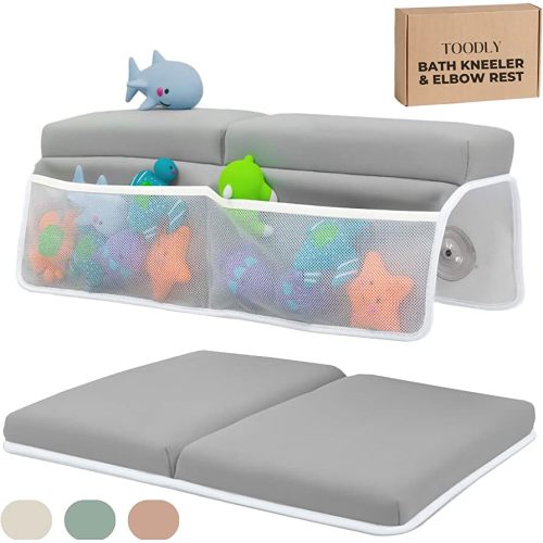 Baby Bath Kneeler and Elbow Rest Pad Set - Thickest Bathtub Kneeler Pad with Memory Foam and Bath Toys Organizer - Ideal Bath Kneeling Pad for Bathing Baby - Relieve your Knees and Elbows (Grey)