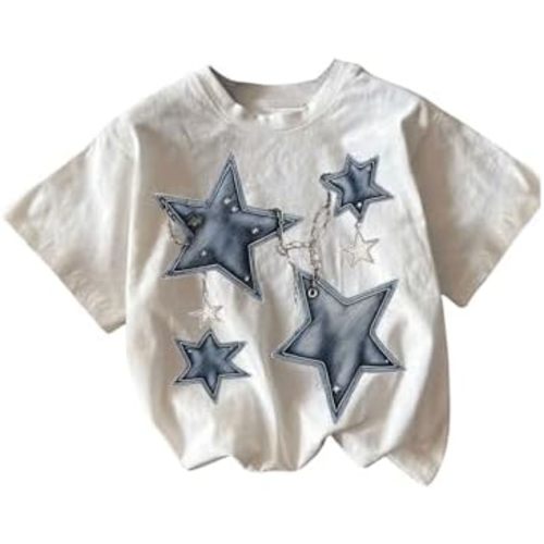 Girl's Geometric Star Graphic Tee Tops Casual Summer Short Sleeve Crew Neck T Shirt