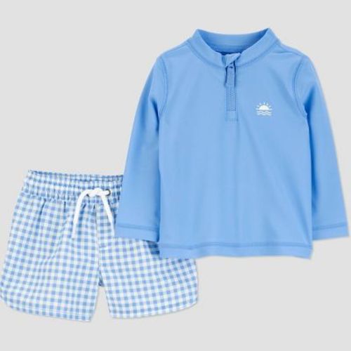 Carter's Just One You® Baby Boy' Gingham Long Sleeve Rash Guard and Swim Trunk Set - Blue 6M