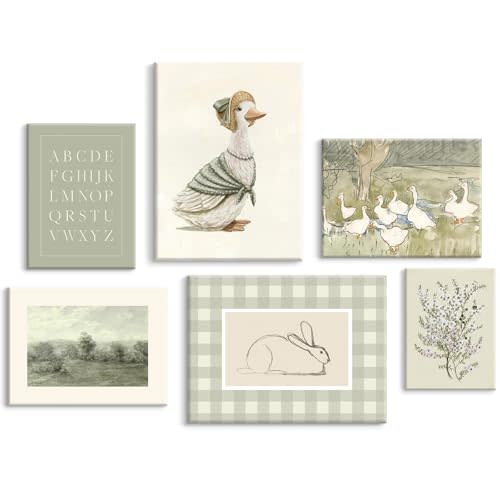 SYYANKK Vintage Nursery Wall Art Kids Canvas Poster Baby Room Wall Decor Sage Green Duck Wall Art Bunny Prints Floral Picture Nursery Children Artwork for Farmhouse Bedroom 8x10x6 Inch Ready to Hang