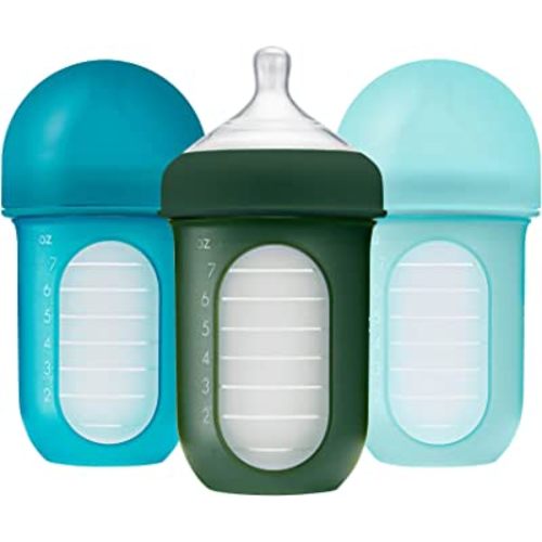 Boon Nursh Reusable Silicone Baby Bottles with Collapsible Silicone Pouch Design - Everyday Baby Essentials - Stage 2 Medium Flow Baby Bottles - Blue - 8 Oz - 3 Count
