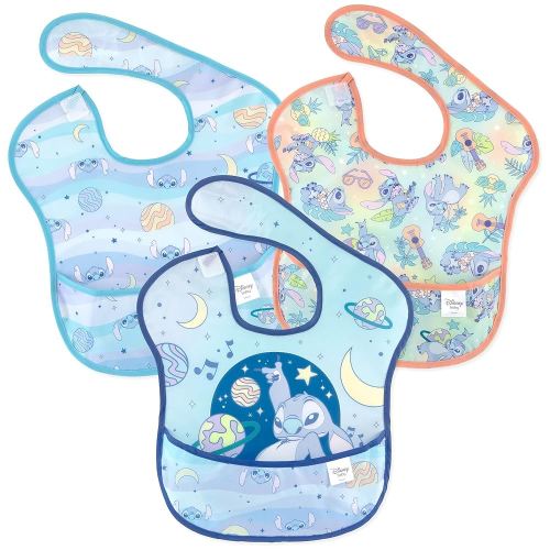 Bumkins Disney Bibs for Girl or Boy, SuperBib Baby and Toddler for 6-24 Months, Essential Must Have for Eating, Feeding, Baby Led Weaning, Mess Saving Waterproof Soft Fabric, 3-pk Stitch